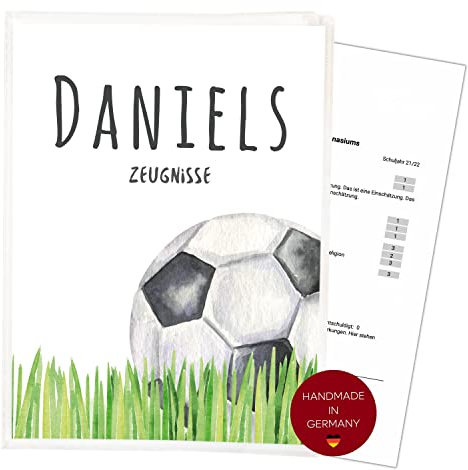 Zeugnismappe für DIN A4 | 𝗣𝗘𝗥𝗦𝗢𝗡𝗔𝗟𝗜𝗦𝗜𝗘𝗥𝗧 | 20 Klarsichthüllen für 𝗔𝗨𝗙𝗕𝗘𝗪𝗔𝗛𝗥𝗨𝗡𝗚 und 𝗦𝗖𝗛𝗨𝗧𝗭 von 𝗭𝗘𝗨𝗚𝗡𝗜𝗦𝗦𝗘𝗡 | Dokumentenmappe | Schule | Mädchen Junge (Fußball)