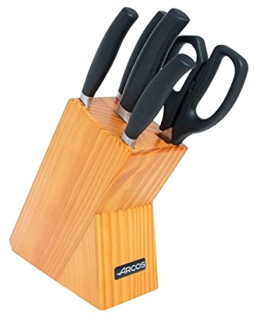 Arcos Serie Clara - Juego 4 Cuchillos de Cocina (Mondador + Chef + Panero + Jamonero) + 1 Tijeras - Acero Inoxidable Forjado NITRUM - Mango Inyectado de Polipropileno - Color Negro