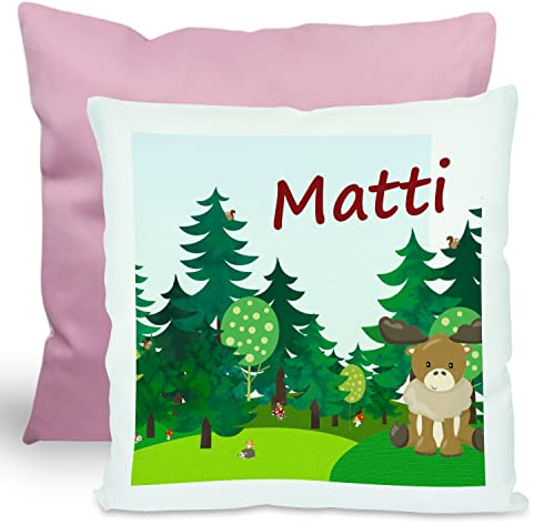 CreaDesign, Kinder Kissen 40x40 cm personalisiert mit Namen, Kinderzimmer Deko Kissen Kinder mit Füllung Federn, Motiv Elch, Rückenfarbe Rosa