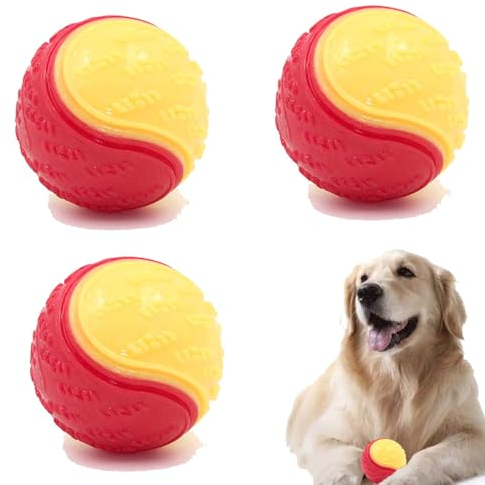 3Pcs Squeaky Dog Ball, Dog Toys Dog Ball Teeth Cleaning Puppy Chew Toys Pet Training Ball Dogs Interactive Dogs Balls for Playing, Training, Interacting (Red Yellow)