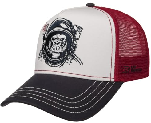 CapUniverse Truckercap mit AFFE - Mehrfarbige Kappe mit Mesh-Einsatz - Modernes Design - Unisex - Cap für alle Jahreszeiten rot-dunkelblau One Size