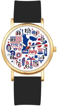 JewelryWe Damenuhr Silikon Uhr Damen: 4. Juli US Unabhängigkeitstag Amerikanische Flagge Freiheitsstatue Analog Quarz Armbanduhr Schwarz Gummi Armband Uhr mit Digital Zifferblatt & Gold Gehäuse
