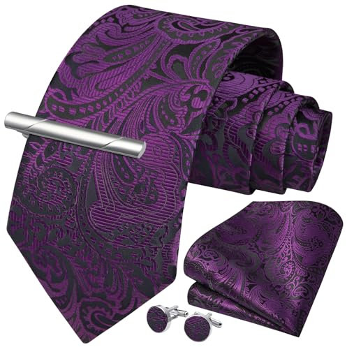 Enlision, Corbatas florales de cachemira de 8,5 cm para hombre, corbata formal de boda, clásica, floral, tejido jacquard, con gemelos, pañuelo de bolsillo y clip, Púrpura / Negro, Taille unique