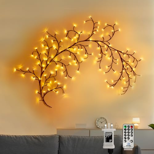CERIAL Lighted Willow Vine Lights for Bedroom Home, 8Ft Outdoor Indoor Twig Wall Lights Artificial Plants Tree Branches Lights Walls Decor 144 LEDs with Remote for Room Home(Warm White)