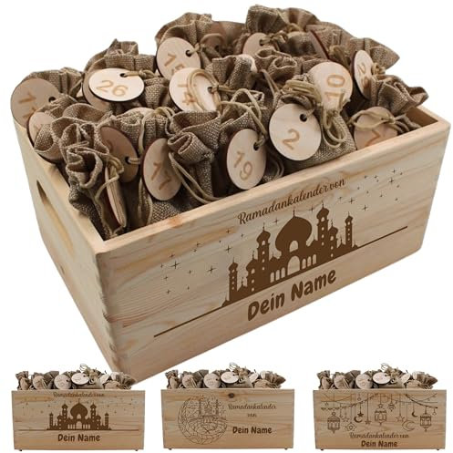 Personalisierter Ramadankalender Box aus Holz – Eid Mubarak Ramadankiste mit Wunschname, ideal zum Befüllen für Ramadan Kareem und das Zuckerfest (Ramadankalender von, L Kalender)