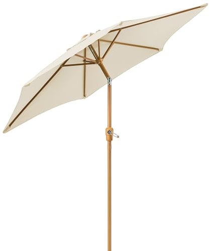 CHRISTOW 2.4m Tilting Garden Parasol with Crank Handle, 38mm Steel Pole, Wood Effect Finish, Outdoor Sunshade Umbrella, Heavy Duty Polyester, UV30+ Sun Protection, Water Resistant, Air Vent (Cream)
