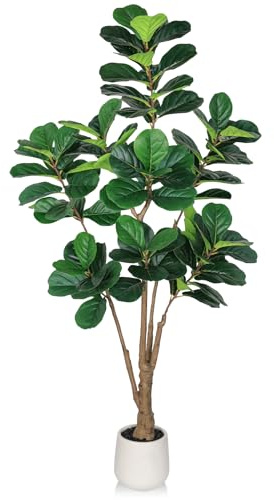 Figuier artificiel avec pot de fleurs blanc et galet noir, faux ficus lyrata de 1,8 m avec tronc épais et feuilles d'émeraude, faux ficus pour hôtel, magasin, décoration d'intérieur moderne