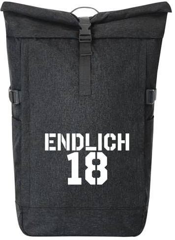 Huuraa Kurierrucksack Endlich 18 Schriftzug 30-44 Liter Black Melange Fairtrade Rolltop Rucksack Geschenkidee
