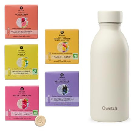 QWETCH – Coffret Hydratation : Bouteille Isotherme ICON 500ml + 15 Pastilles SOLID DRINKS d'hydratation vitaminées – Gourde en Inox Recyclé – Saveurs Fruitées avec Vitamines C&B – Zéro Sucre