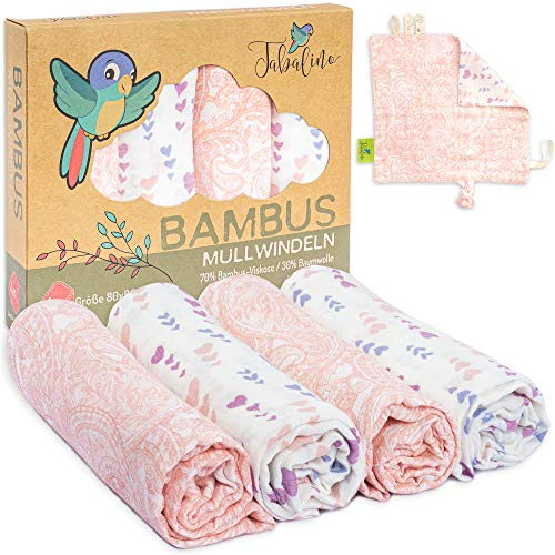 Tabalino® kuschelweiche Bambus Mullwindeln Spucktücher, 4 Mulltücher 80x80cm + 1 Schmusetuch, Stoffwindeln für Jungen & Mädchen Mulltücher Moltontuch aus Baumwolle