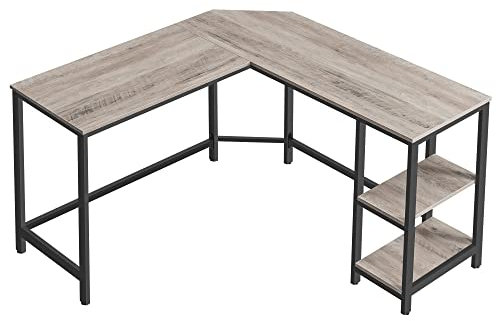 VASAGLE Schreibtisch, L-förmiger Computertisch, 138 x 138 x 76 cm, Eckschreibtisch mit 2 Ablagen, platzsparender Bürotisch, Gaming, Homeoffice, einfacher Aufbau, Greige-schwarz LWD72MB