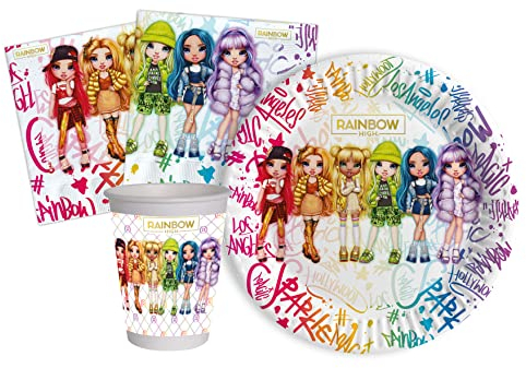 Ciao Partygeschirr Party-Set Rainbow High für 8 Personen (36 pcs: 8 Pappteller Ø18cm, 8 Becher 200ml, 20 Servietten 33x33cm) aus eco-Friendly kompostierbarem Papier