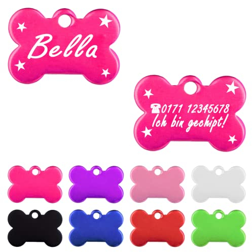 Iberiagifts - Hundemarke Knochen mit Gravur und Sternefür sehr kleine Welpen - Hunde - Katzen Haustier Plakette Anhänger Halsband Medaillon graviert personalisiert (Pink)