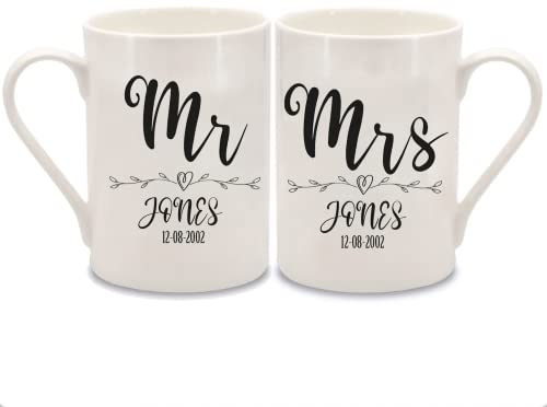 WOWZ DESIGN & PRINT DESIGN LTD Personalised Mr and Mrs Heart Mugs, 20th Anniversary Personalised Bone China Mugs, Wedding Anniversary Keepsake, Mr and Mrs Gift, New Home Gift