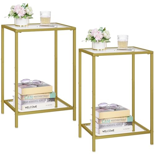 HOMSHO Beistelltische 2er Set, Beistelltische mit gehärtetem Glas, 2-stöckige Nachttische mit Aufbewahrungsregalen, Couchtisch mit modernem Stil, schlanker Sofatisch für Wohnzimmer, Schlafzimmer, 30