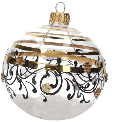 Keyhomestore - 4er Set Weihnachtsbaumkugeln aus Glas, transparent und Dekor in Gold und Schwarz - Weihnachtsbaumschmuck für den Innenbereich, Durchmesser 8 cm