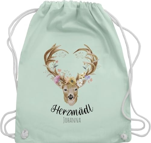 Turnbeutel Rucksack - Kompatibel Oktoberfest - Herzmädl Hirsch Geweih Hirschgeweih Madl - Unisize - Pastell Grün - oktoberfest-tasche trachten name turnsack trachtenrucksack bayrisch herz