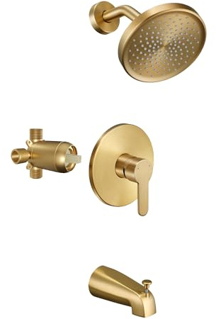 Tohlar Gold Duscharmatur-Set mit Wannenauslauf, Badewanne und Duscharmatur Combo Kit, 15,2 cm Regenduschkopf und Wasserhahn-Set mit Ventil, gebürstetes Gold