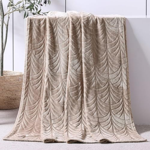 Whale Flotilla Kuscheldecke Decke mit Blätter Muster, Warme Sofadecke Wohndecke - Superweiche und Kuschelige Flanell-Decke, 130x150 cm Beige