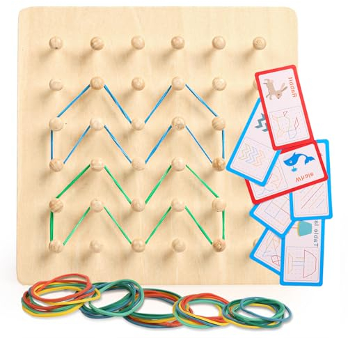 DKINY Holz Geoboard Montessori Spielzeug ab 3 Jahre Geobrett aus Holz mit Musterkarten & Gummibänder Motorikspielzeug Lernspielzeug von Figuren & Formen für Kleinkinder Weihnachten Geburtstag Geschenk