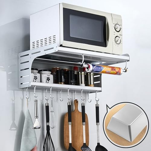 Gluhbirnen Microwave Shelf, Kitchen Shelf with 6 Hooks, Wall Mounted, Silver