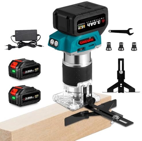 ONEVAN Akku Oberfräse mit 2 Akkus 3.0Ah, Bürstenloser Kantenfräse Einhandfräse Akku Holztrimmer Katsu Tools für Holzbearbeitung, mit 3 Spannzangen 6mm, 6,35mm, 8mm