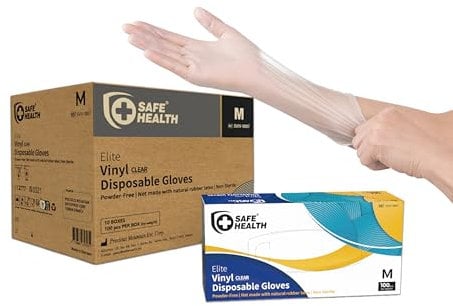 Safe Health Disposable Vinyl Gloves Multi-Purpose Plastic Gloves Food Safe, Latex Free Powder Free Non-Sterile 3 mil for Cleaning, Washing up, Salon, Service, Household, Daily, Medium (Case of 1000)