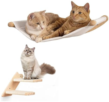 UINOFER Pared de escalada para gatos, hamaca para gatos con escalera para gatos, cama para escalada de madera natural (Cat Hammock with Step)