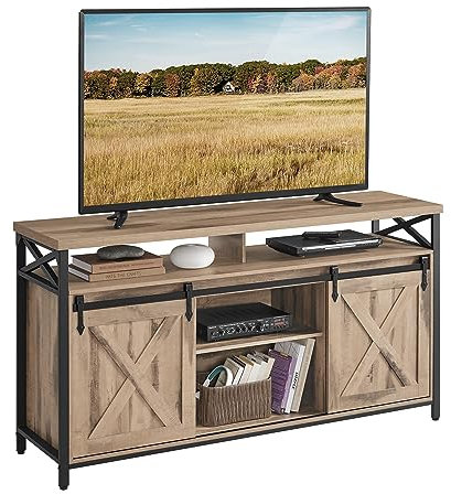 VASAGLE Mobile TV per Televisore fino a 65 Pollici, Tavolino Porta TV con Ripiani Regolabili, Ante Stile Fienile, Vintage, Struttura in Metallo, Marrone Cammello e Nero Semplice LTV071B50V1
