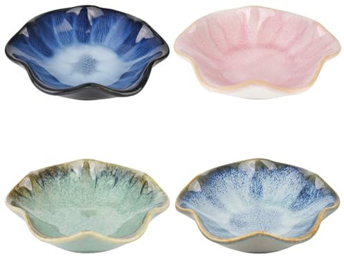 XCRPRT Lot de 4 bols à sauce en céramique japonaise - En grès - En forme de fleur - Pour sushi, sauce, collation, huile et sauce soja (11 cm)