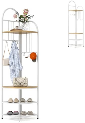 HOMASIS Eck Garderobenständer mit Sitzbank, 3 in 1 Kleiderständer mit 6 Haken & 2 Schuhregal & 2 Ablagen, Metall Garderobe Eckgarderobe Flurgarderobe für Flur, Wohnzimmer, Schlafzimmer (Weiß)