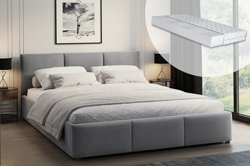 Home Collective Bett 140x200 cm Doppelbett Polsterbett Bettgestell mit Lattenrost aus Metall, hydraulischer Bettkasten, Samtbezug in hellgrau, viel Stauraum, modern & pflegeleicht, mit Matratze