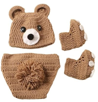 XFUYI Lot de 3 Costumes de Photographie pour Nouveau-nés en Forme d'ours Tenue en Tricot Douce et Chaude avec Correspondance pour Les séances Photo de bébé