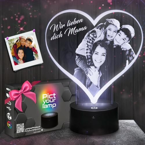 Lampephoto.fr - Personalisierte Fotolampe Herz, Geschenkidee Muttertag, Geschenk Mutter, Geschenk Foto und Text anpassbar, Personalisierte Lampe auf plexiglass durch Lasergravur.