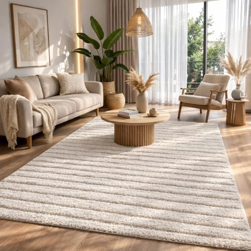 the carpet Bahar Shaggy Elegant Designer Living Room Rug, Soft & Easy-Care High Pile Living Room Rug in Beige, 120 x 170 cm