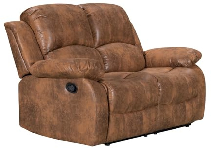 Brown Leather Look Fabric Manual Lever 2 Seater Recliner Sofa – Durable PU Fabric, 3 – Position 160 Degree Easy Recline for Elderly, Loveseat for Lounge Gaming Living Room