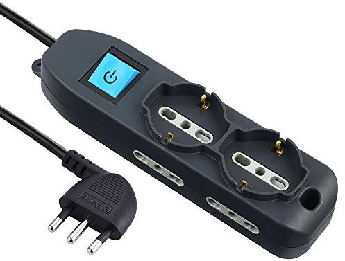 Electraline 62050 Multipresa 6 Posti 2 Schuko e 4 Bivalenti 10/16A, Cavo HO5 VV-F, Spina 16A, Nero, 3 M