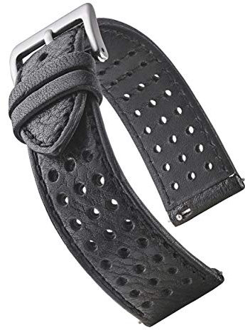 Alpine Bracelet de Montre en Cuir Véritable Perforé Doux et Lisse Noir Brun 18mm 20mm 22mm, Noir , 18MM, Bracelet de montre en cuir perforé