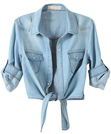 Omoone Women's 3/4 Sleeve Modern Denim Crop Top Tie Knot Shirt Cardigan (0774-Light Blue-M)