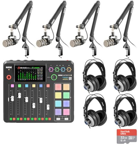 Rode RODECaster Pro II Console de production audio avec 4 microphones Rode PodMic PodMic, bras de perche professionnels Rode PSA1+, casque supra-auriculaire, carte microSD 32 Go, câbles XLR et chiffon