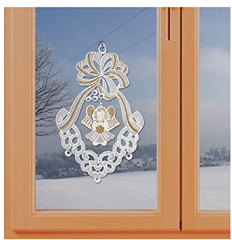 kollektion MT Fensterbild Advent Weihnachten Glocke mit Engel aus Vogtländischer Spitze in weiß-Gold inkl. Saughaken