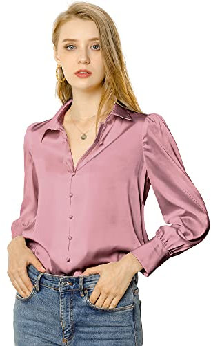 Allegra K Femme Chemise Boutonnée en Satin Vintage Chemisier à Col Rabattu et Manches Bouffantes Haut pour Bureau Rose poussiéreux XS