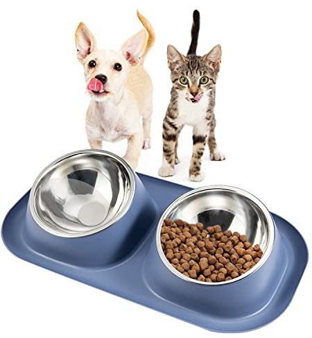 Suhaco Double Dog Bowl Raised Dog Food Bowl Non Slip Stainless Steel Double Bowls with Non-spill for Small Dogs and Cats (Dark Blue)