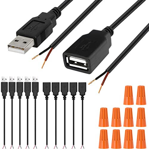 Xiatiaosann USB Stecker Lötbar Stromkabel USB 2.0 Typ A Buchse Stecker Kabel auf 2 Pin Jack Open Wire Ladegerät Ladekabel endet Power DIY Pigtail 5V Leitung, 5 Stück USB-Stecker + 5 Stück USB-Buchse
