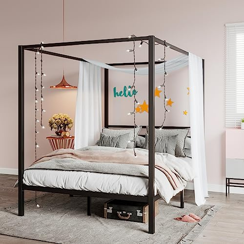 SHA CERLIN Canopy Bed Frame Queen Size/Mattress Foundation with Metal Slats Support/No Box Spring Needed/Easy Assembly/Black