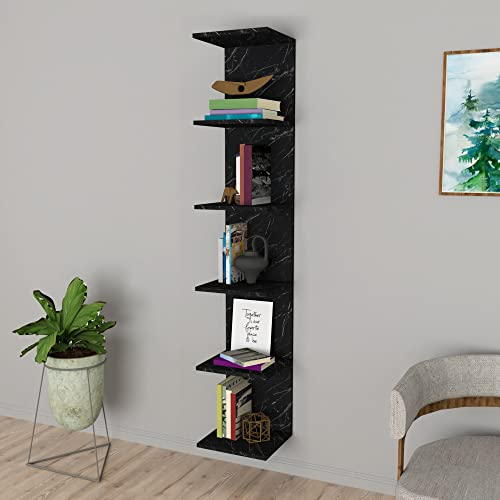 [en.casa] Wandregal Surahammar Regal Bücherregal Wandmontage 180 x 35 x 30 cm Hängeregal Schweberegal mit 6 Ablageflächen Marmoroptik, schwarz