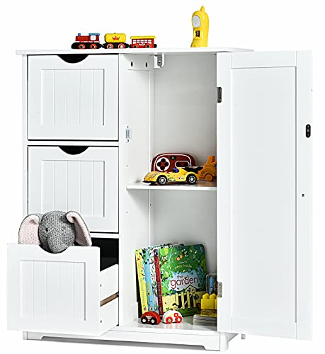 COSTWAY Badezimmerschrank, Badschrank aus Holz mit 3 Schubladen & 1 Tür, Unterschrank mit 3 Positionen Verstellbarer Ablage, Aufbewahrungsschrank für Wohnzimmer, Badezimmer, 60 x 30 x 81cm (Weiß)