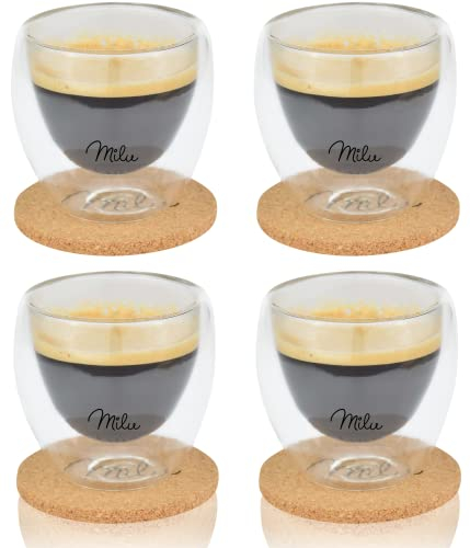 Milu Thermogläser Set – 4 vers. Größen - Doppelwandige Espresso Gläser - Kaffeegläser, Latte Macchiato, Cappuccino Glas - Isolierglas, spülmaschinenfest (4 Gläser, 80ml)
