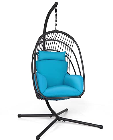 COSTWAY Swing Egg Chair with Stand, Foldable Rattan Hanging Chair with Soft Cushion and Head Pillow, Indoor Outdoor Hanging Egg Basket Seat for Garden Patio Yard Living Room (Turquoise)