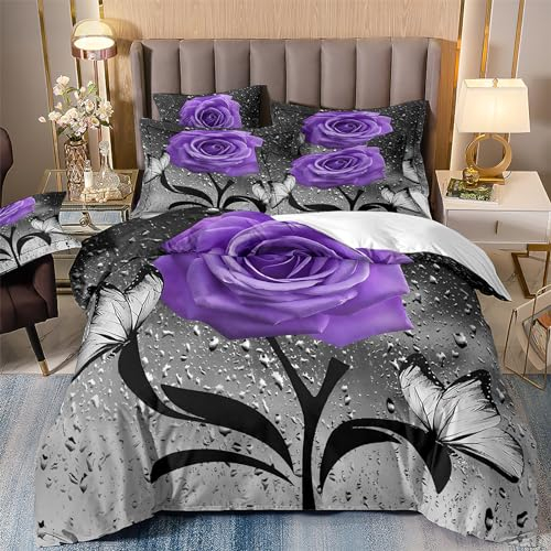 OaKita Bettwäsche Rot Blau Rose Blumen Mikrofaser Mädchen Rosa Rose Blumen Bettwäsche Sets Romantische Blumen Muster Bettbezug und 2 Kissenbezug 80x80cm (A07,135x200cm/80x80cm)